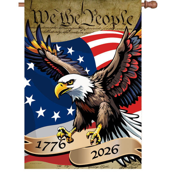 Decorative flag with an eagle, American flag, and text 'We the People' on a white background